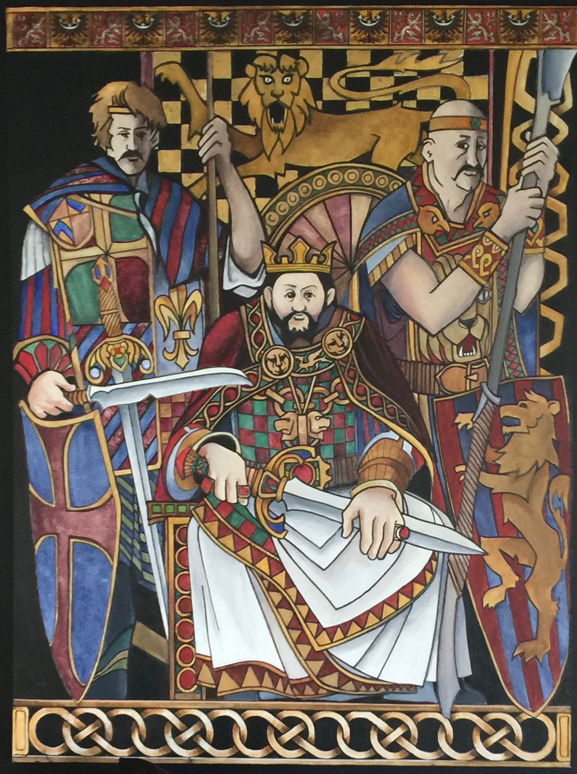 A Heraldic style painting depicting King Arthur and two Knights of the Round Table.