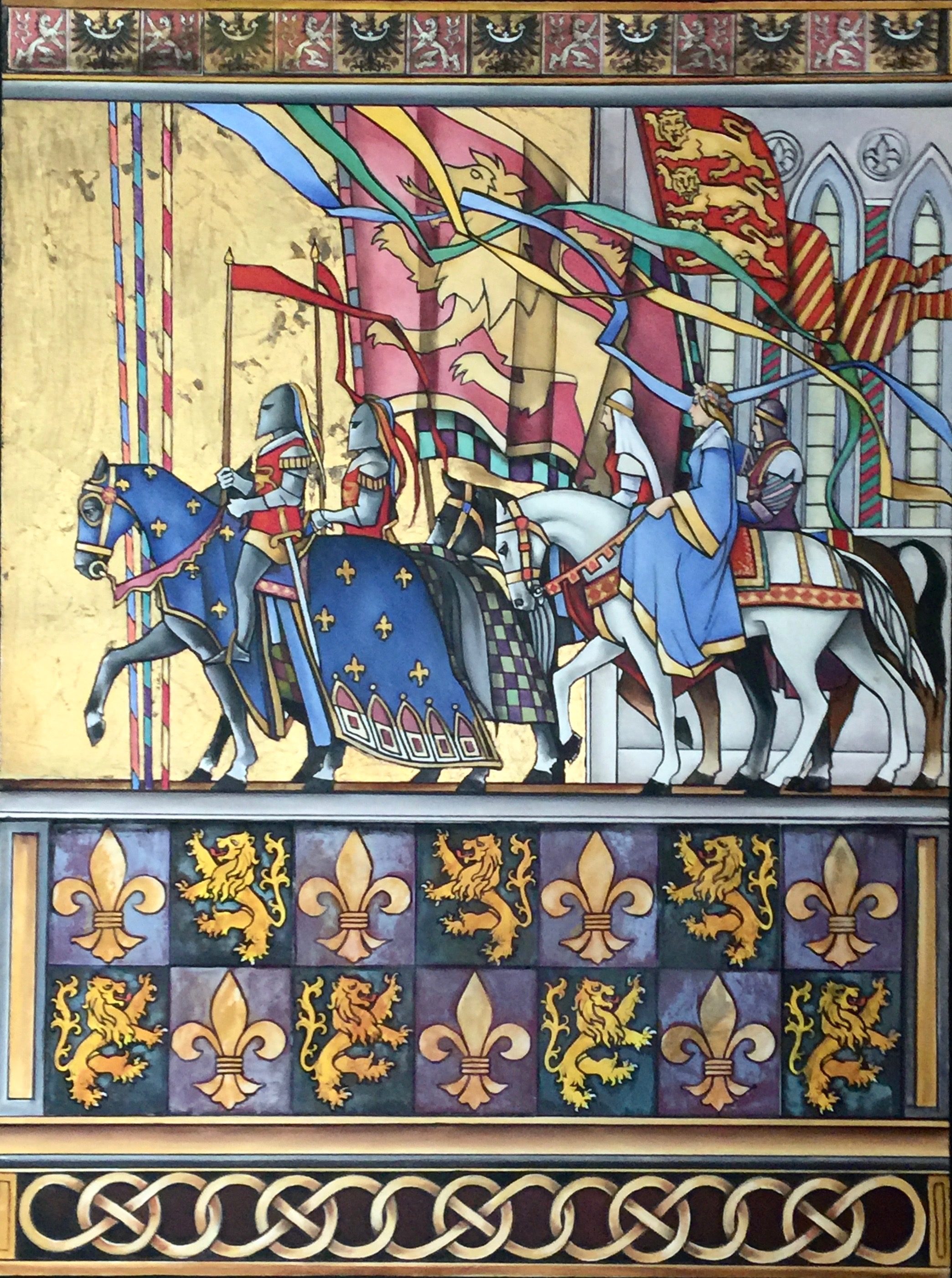 A Heraldic style painting depicting Queen Guinever, wife of King Arthur, being escorted to the village fair by Knights and her Lady in Waiting.